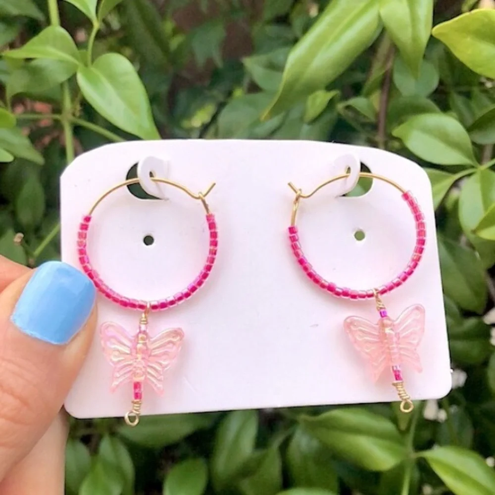 Pink Aurora Borealis Butterfly Hoop Earrings - Picture 2 of 3